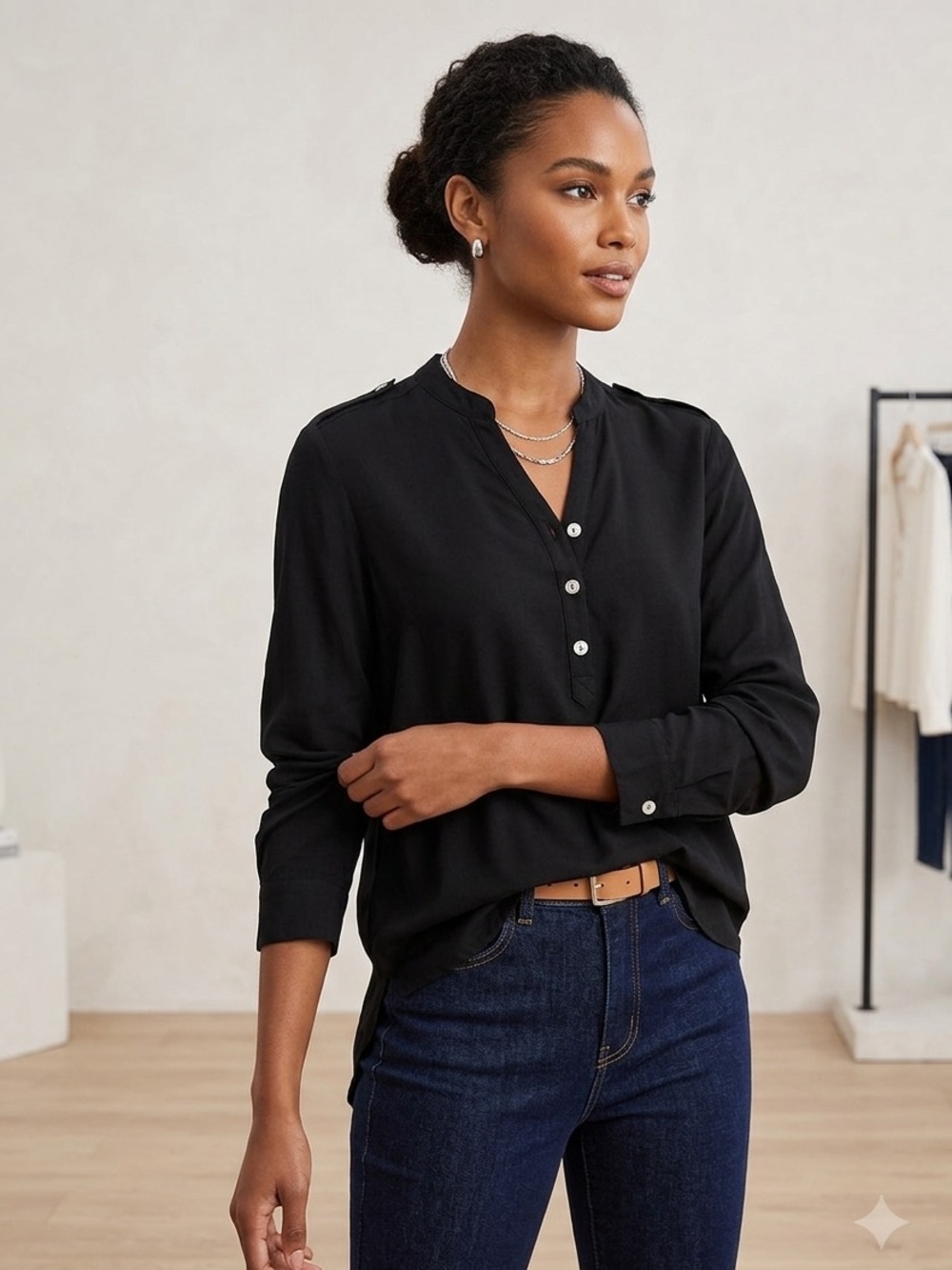 Guess Black Button-Front Henley Blouse